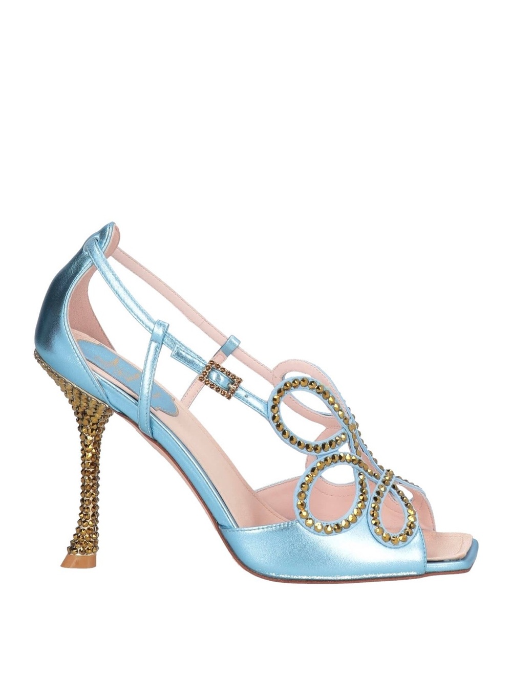 Roger Vivier sky blue sandals with gold rhinestones